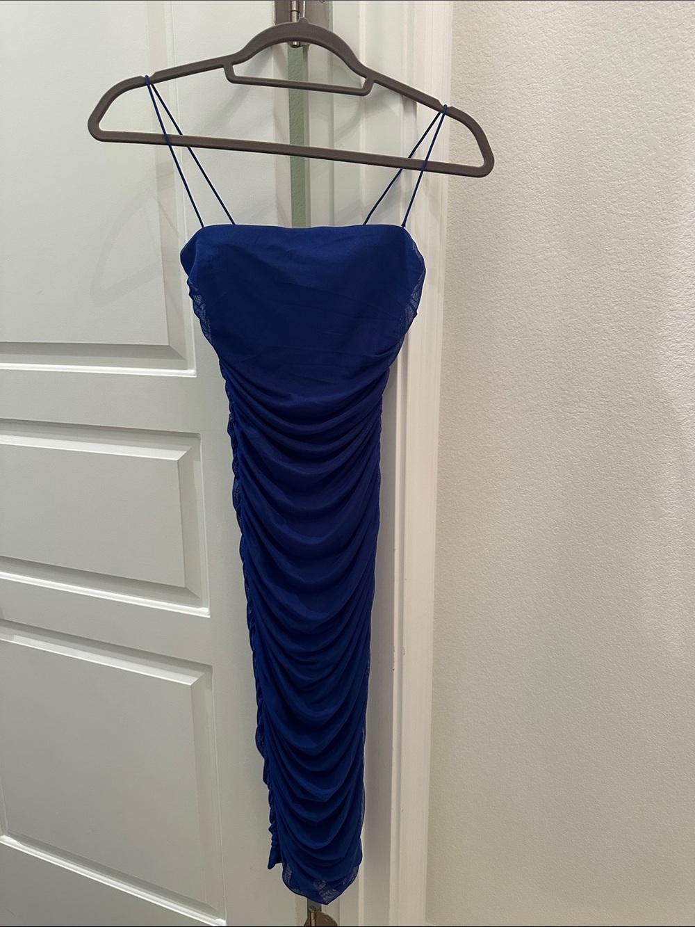 Darling Cobalt Blue Ruched Midi Dress with Spaghetti Straps